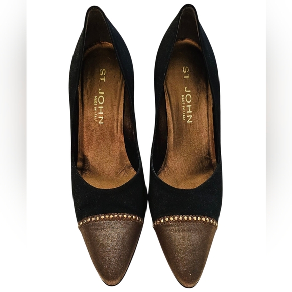 St. John Heels Black Gold Tone Embellishments Women's Size 7.5 STUNNING EUC - Picture 1 of 14